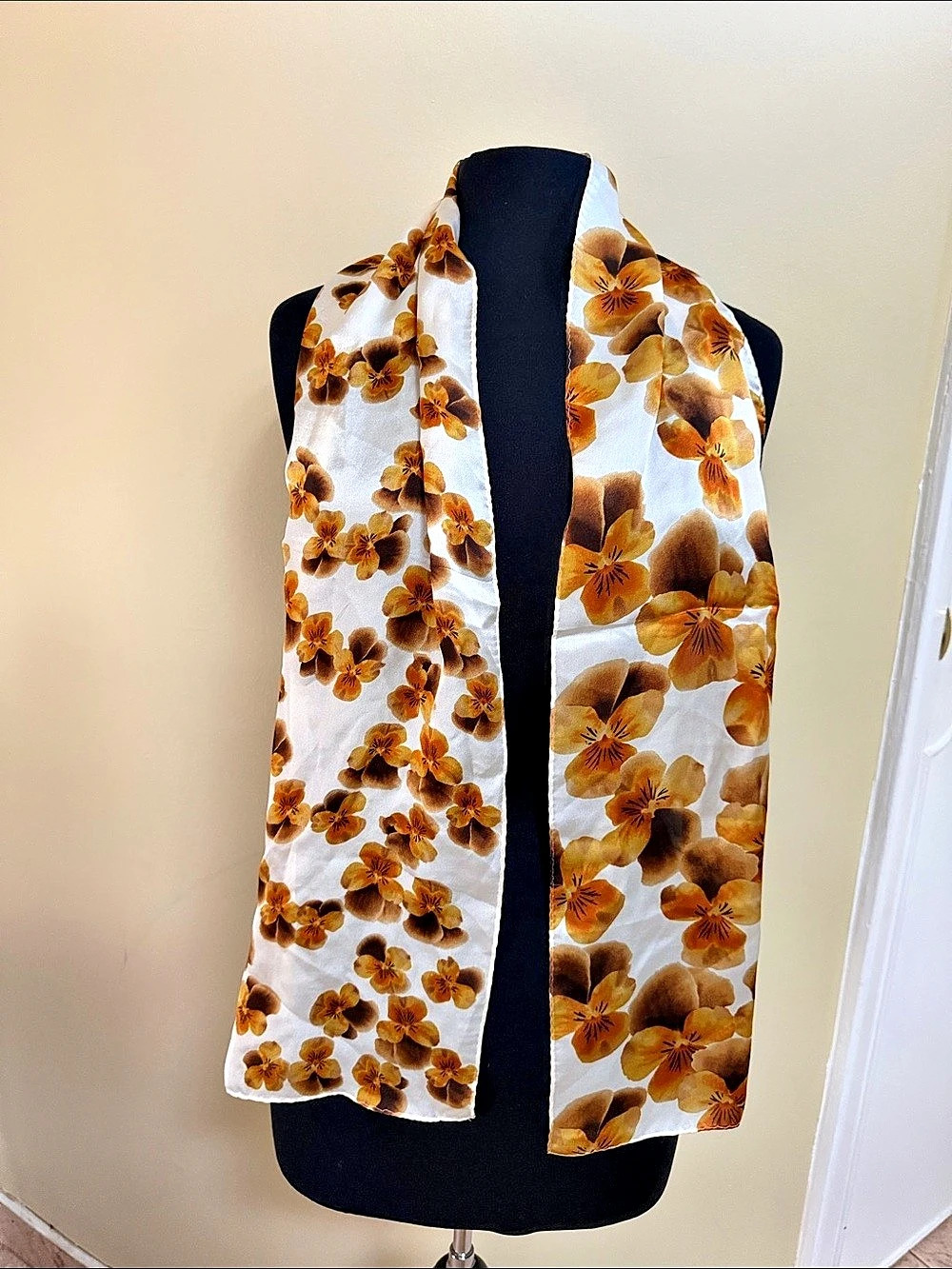 Echo Floral 100% Silk Scarf White & Brown Like New